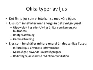 Olika typer av ljus
• Det finns ljus som vi inte kan se med våra ögon.
• Ljus som innehåller mer energi än det synliga ljuset:
– Ultraviolett ljus eller UV-ljus är ljus som kan orsaka
hudcancer.
– Röntgenstrålning
– Gammastrålning
• Ljus som innehåller mindre energi än det synliga ljuset:
– Infrarött ljus, används i infravärmare
– Mikrovågor, används i mikrovågsugnar
– Radiovågor, använd vid radiokommunikation
 