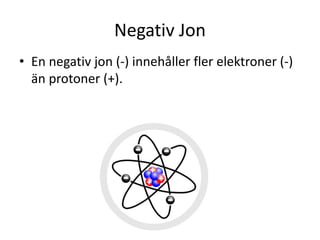 Negativ Jon
• En negativ jon (-) innehåller fler elektroner (-)
än protoner (+).
 