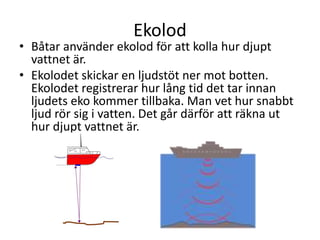 Ekolod
• Båtar använder ekolod för att kolla hur djupt
vattnet är.
• Ekolodet skickar en ljudstöt ner mot botten.
Ekolodet registrerar hur lång tid det tar innan
ljudets eko kommer tillbaka. Man vet hur snabbt
ljud rör sig i vatten. Det går därför att räkna ut
hur djupt vattnet är.
 