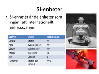 SI-enheter
• SI-enheter är de enheter som
ingår i ett internationellt
enhetssystem.
Storhet Enhet Förkortning
Längd Meter m
Area Kvadratmeter m2
Volym Kubikmeter m3
Massa Kilogram kg
Tid Sekund s
Hastighet Meter per
sekund
m/s
 