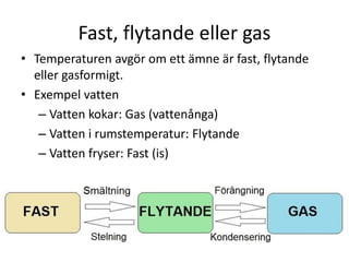 Fast, flytande eller gas
• Temperaturen avgör om ett ämne är fast, flytande
eller gasformigt.
• Exempel vatten
– Vatten kokar: Gas (vattenånga)
– Vatten i rumstemperatur: Flytande
– Vatten fryser: Fast (is)
 