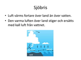Sjöbris
• Luft värms fortare över land än över vatten.
• Den varma luften över land stiger och ersätts
med kall luft från vattnet.
 