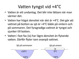 Vatten tyngst vid +4°C
• Vatten är ett undantag. Det blir inte lättare när man
värmer det.
• Vatten har högst densitet när det är +4°C. Det gör att
vattnet på botten av sjö är +4°C både på vintern och
på sommaren. Det fyragradiga vattnet är tyngst och
sjunker till botten.
• Vatten i fast fas (is) har lägre densitet än flytande
vatten. Därför flyter isen ovanpå vattnet.
 