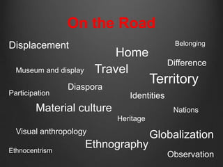 On the Road
Displacement                                 Belonging
                           Home
                                            Difference
  Museum and display    Travel
                Diaspora
                                       Territory
Participation                  Identities
        Material culture                     Nations
                            Heritage
  Visual anthropology
                                       Globalization
Ethnocentrism
                       Ethnography
                                            Observation
 