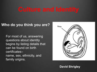 Culture and Identity

Who do you think you are?


  For most of us, answering
  questions about identity
  begins by listing details that
  can be found on birth
  certificates–
  name, sex, ethnicity, and
  family origins.

                                   David Shrigley
 