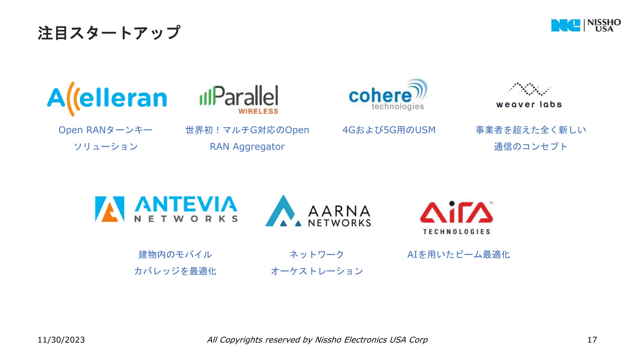 建物内のモバイル
カバレッジを最適化
ネットワーク
オーケストレーション
AIを用いたビーム最適化
注目スタートアップ
11/30/2023 All Copyrights reserved by Nissho Electronics USA Corp 17
Open RANターンキー
ソリューション
世界初！マルチG対応のOpen
RAN Aggregator
4Gおよび5G用のUSM 事業者を超えた全く新しい
通信のコンセプト
 