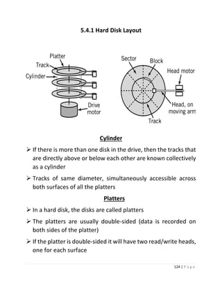 124 | P a g e 
5.4.1 Hard Disk Layout 
Cylinder 
 If there is more than one disk in the drive, then the tracks that are directly above or below each other are known collectively as a cylinder 
 Tracks of same diameter, simultaneously accessible across both surfaces of all the platters 
Platters 
 In a hard disk, the disks are called platters 
 The platters are usually double-sided (data is recorded on both sides of the platter) 
 If the platter is double-sided it will have two read/write heads, one for each surface  