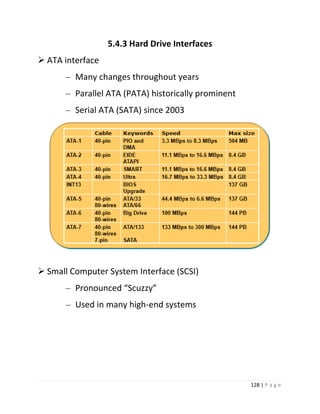 128 | P a g e 
5.4.3 Hard Drive Interfaces 
 ATA interface 
– Many changes throughout years 
– Parallel ATA (PATA) historically prominent 
– Serial ATA (SATA) since 2003 
 Small Computer System Interface (SCSI) 
– Pronounced “Scuzzy” 
– Used in many high-end systems 
 