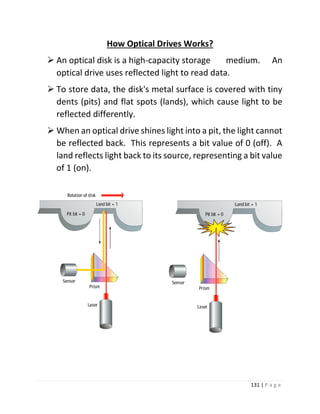 131 | P a g e 
How Optical Drives Works? 
 An optical disk is a high-capacity storage medium. An optical drive uses reflected light to read data. 
 To store data, the disk's metal surface is covered with tiny dents (pits) and flat spots (lands), which cause light to be reflected differently. 
 When an optical drive shines light into a pit, the light cannot be reflected back. This represents a bit value of 0 (off). A land reflects light back to its source, representing a bit value of 1 (on). 
 