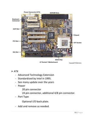 53 | P a g e 
 ATX 
- Advanced Technology Extension 
- Standardized by Intel in 1995. 
- See many update over the years 
- Power 
20 pin connector 
24 pin connector, additional 4/8 pin connector. 
- Port Type 
Optional I/O back plate. 
- Add and remove as needed.  
