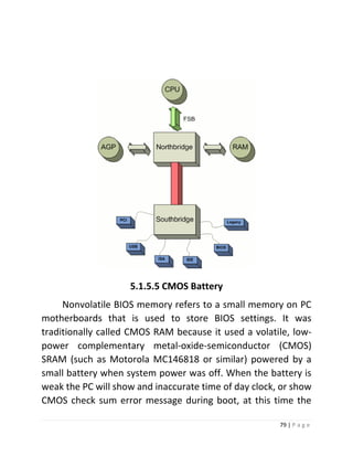 79 | P a g e 
5.1.5.5 CMOS Battery 
Nonvolatile BIOS memory refers to a small memory on PC motherboards that is used to store BIOS settings. It was traditionally called CMOS RAM because it used a volatile, low- power complementary metal-oxide-semiconductor (CMOS) SRAM (such as Motorola MC146818 or similar) powered by a small battery when system power was off. When the battery is weak the PC will show and inaccurate time of day clock, or show CMOS check sum error message during boot, at this time the  