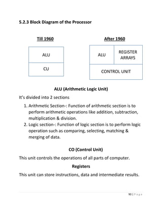 90 | P a g e 
5.2.3 Block Diagram of the Processor 
Till 1960 After 1960 
ALU (Arithmetic Logic Unit) 
It’s divided into 2 sections 
1. Arithmetic Section-: Function of arithmetic section is to perform arithmetic operations like addition, subtraction, multiplication & division. 
2. Logic section-: Function of logic section is to perform logic operation such as comparing, selecting, matching & merging of data. 
CO (Control Unit) 
This unit controls the operations of all parts of computer. 
Registers 
This unit can store instructions, data and intermediate results. 
CU 
ALU 
CONTROL UNIT 
REGISTER ARRAYS 
ALU  
