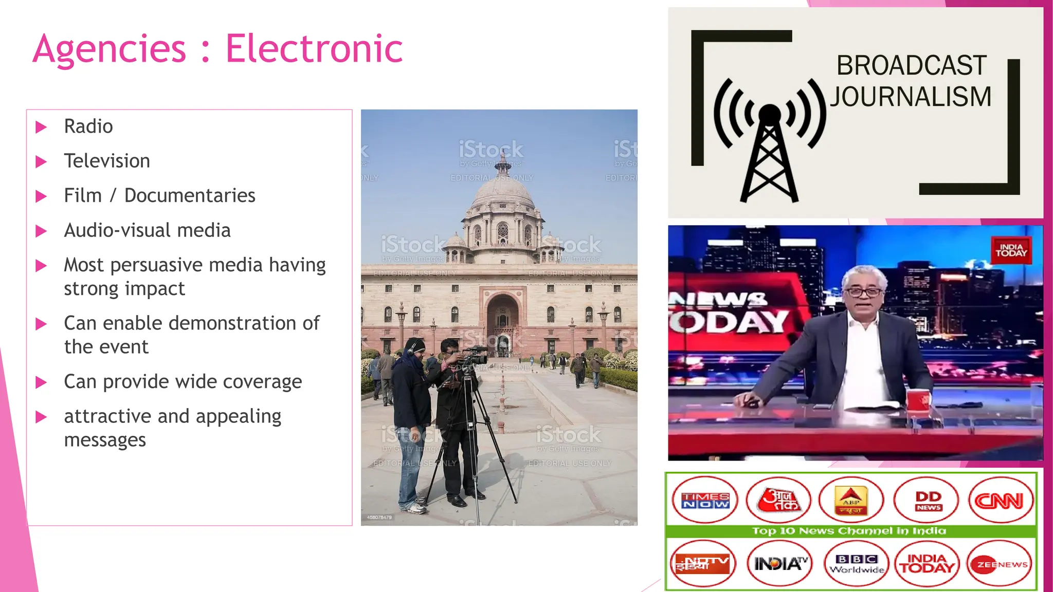 Agencies : Electronic
 Radio
 Television
 Film / Documentaries
 Audio-visual media
 Most persuasive media having
strong impact
 Can enable demonstration of
the event
 Can provide wide coverage
 attractive and appealing
messages
 