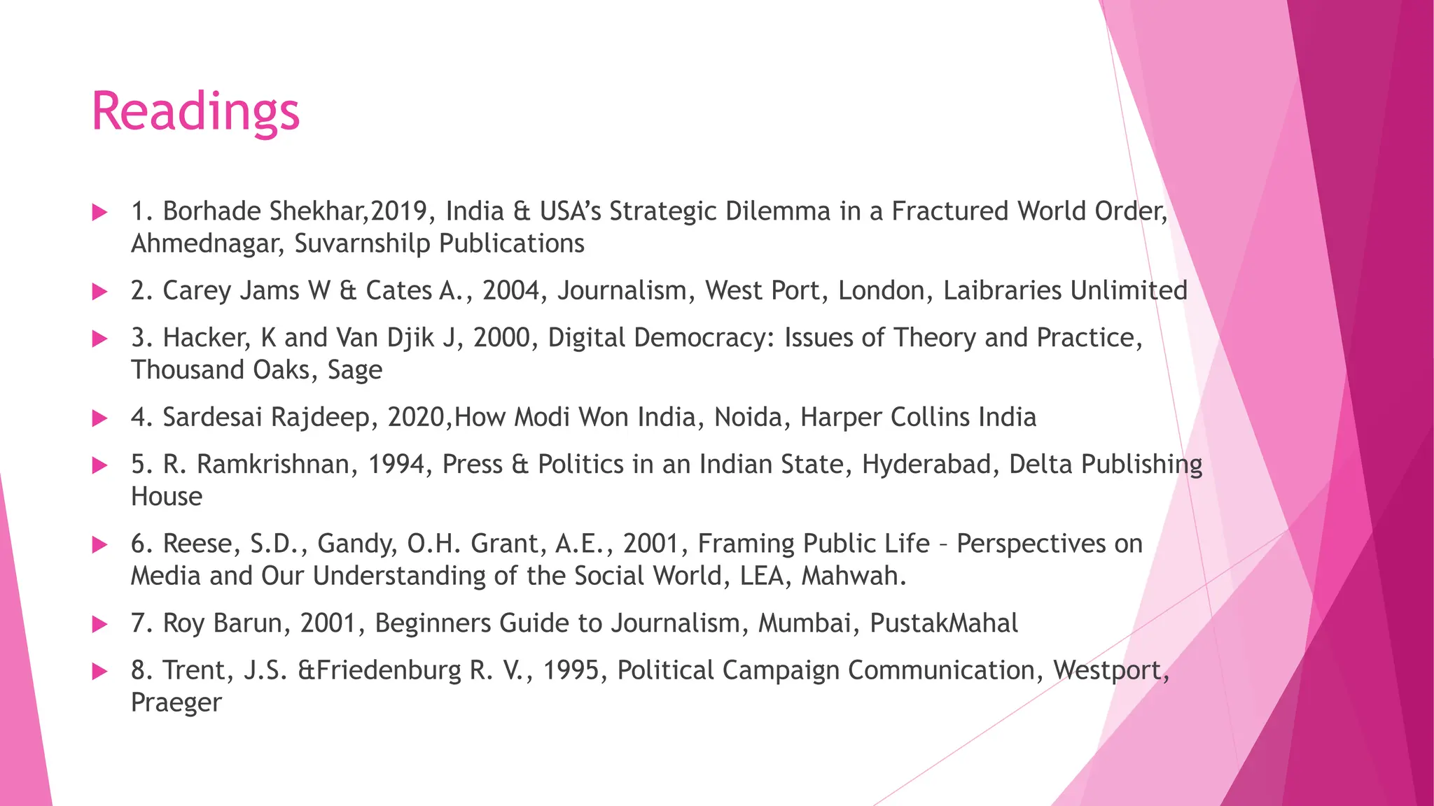 Readings
 1. Borhade Shekhar,2019, India & USA’s Strategic Dilemma in a Fractured World Order,
Ahmednagar, Suvarnshilp Publications
 2. Carey Jams W & Cates A., 2004, Journalism, West Port, London, Laibraries Unlimited
 3. Hacker, K and Van Djik J, 2000, Digital Democracy: Issues of Theory and Practice,
Thousand Oaks, Sage
 4. Sardesai Rajdeep, 2020,How Modi Won India, Noida, Harper Collins India
 5. R. Ramkrishnan, 1994, Press & Politics in an Indian State, Hyderabad, Delta Publishing
House
 6. Reese, S.D., Gandy, O.H. Grant, A.E., 2001, Framing Public Life – Perspectives on
Media and Our Understanding of the Social World, LEA, Mahwah.
 7. Roy Barun, 2001, Beginners Guide to Journalism, Mumbai, PustakMahal
 8. Trent, J.S. &Friedenburg R. V., 1995, Political Campaign Communication, Westport,
Praeger
 