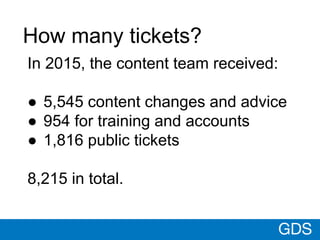 GDS
How many tickets?
In 2015, the content team received:
● 5,545 content changes and advice
● 954 for training and accoun...