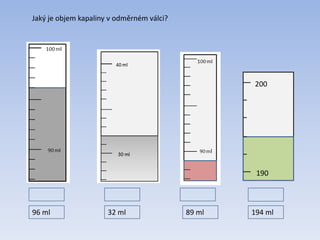 Jaký je objem kapaliny v odměrném válci?
200
190
96 ml 32 ml 89 ml 194 ml
 