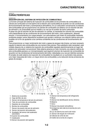 CARACTERÍSTICAS

SAS20170
CARACTERÍSTICAS
SAS5D01032
DESCRIPCIÓN DEL SISTEMA DE INYECCIÓN DE COMBUSTIBLE
La función principal del sistema de inyección de combustible es él suministro de combustible a la
cámara de combustión al nivel óptimo de la relación aire-combustible,de acuerdo con las condiciones
de funcionamiento del motor y la temperatura atmosférica. En un carburador convencional, la relación
aire-combustible qué se proporciona a la cámara de combustión se obtiene con él volumen del aire
de admisión y él combustible qué es medido a su vez por él surtidor de dicho carburador.
A pesar de qué él volumen de aire de admisión no cambia, la necesidad de volumen de combustible
varía dependiendo de las condiciones de funcionamiento del motor, como aceleración, desacel-
eración, o funcionamiento con carga pesada. Los carburadores qué miden él combustible mediante
surtidores poseen varios dispositivos auxiliares qué ayudan a alcanzar una relación óptima aire-com-
bustible con él fin de ajustarse a los cambios constantes de las condiciones de funcionamiento del
motor.
Para proporcionar un mejor rendimiento del motor y gases de escape más limpios, se hace necesario
regular la relación aire-combustible de una manera más precisa. Para satisfacer está necesidad, esté
modelo dispone de un sistema de inyección de combustible regulado electrónicamente en lugar del
sistema de carburador convencional. Este sistema alcanza en todo momento una relación óptima de
aire-combustible gracias a un microprocesador qué regula él volumen de inyección de combustible de
acuerdo con las condiciones de funcionamiento del motor, detectadas a su vez por distintos sensores.
El empleo de esté sistema de inyección de combustible ha resultado en un suministro más preciso,
una mejor respuesta del motor, un mayor ahorro de combustible y una reducción de las emisiones de
gases de escape.




 1.  Bobina de encendido                                13.Sensor de temperatura del refrigerante
 2.  Caja del filtro de aire                            14.Bujía
 3.  Sensor de temperatura del aire de admisión         15.Sensor de identificación de los cilindros
 4.  Tubo de suministro de combustible                  16.Batería
 5.  Depósito de combustible                            17.ECU
 6.  Bomba de combustible                               18.Sensor de presión atmosférica
 7.  Sensor de presión del aire de admisión             19.Unidad de relé (relé de la bomba de com-
 8.  Sensor de posición del acelerador                     bustible)
 9.  Acoplador del sensor del acelerador                20.Luz de alarma de avería del motor
     secundario                                         21.Sensor del ángulo de inclinación
 10.Inyector de combustible                             22.Válvula de corte de aire
 11. Catalizador                                        23.Cable de la sonda de oxígeno
 12.Sensor de posición del cigüeñal


                                                  1-2
 