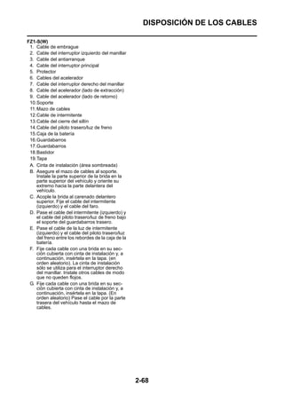DISPOSICIÓN DE LOS CABLES

FZ1-S(W)
 1. Cable de embrague
 2. Cable del interruptor izquierdo del manillar
 3. Cable del antiarranque
 4. Cable del interruptor principal
 5. Protector
 6. Cables del acelerador
 7. Cable del interruptor derecho del manillar
 8. Cable del acelerador (lado de extracción)
 9. Cable del acelerador (lado de retorno)
 10.Soporte
 11. Mazo de cables
 12.Cable de intermitente
 13.Cable del cierre del sillín
 14.Cable del piloto trasero/luz de freno
 15.Caja de la batería
 16.Guardabarros
 17.Guardabarros
 18.Bastidor
 19.Tapa
 A. Cinta de instalación (área sombreada)
 B. Asegure el mazo de cables al soporte.
     Instale la parte superior de la brida en la
     parte superior del vehículo y oriente su
     extremo hacia la parte delantera del
     vehículo.
 C. Acople la brida al carenado delantero
     superior. Fije el cable del intermitente
     (izquierdo) y el cable del faro.
 D. Pase el cable del intermitente (izquierdo) y
     el cable del piloto trasero/luz de freno bajo
     el soporte del guardabarros trasero.
 E. Pase el cable de la luz de intermitente
     (izquierdo) y el cable del piloto trasero/luz
     del freno entre los rebordes de la caja de la
     batería.
 F. Fije cada cable con una brida en su sec-
     ción cubierta con cinta de instalación y, a
     continuación, insértela en la tapa. (en
     orden aleatorio). La cinta de instalación
     sólo se utiliza para el interruptor derecho
     del manillar. Instale otros cables de modo
     que no queden flojos.
 G. Fije cada cable con una brida en su sec-
     ción cubierta con cinta de instalación y, a
     continuación, insértela en la tapa. (En
     orden aleatorio) Pase el cable por la parte
     trasera del vehículo hasta el mazo de
     cables.




                                                     2-68
 
