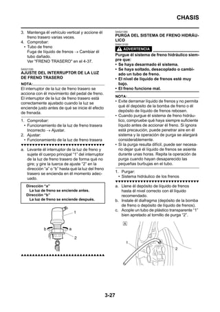 CHASIS

3. Mantenga él vehículo vertical y accione él              SAS21350

    freno trasero varias veces.                            PURGA DEL SISTEMA DE FRENO HIDRÁU-
4. Comprobar:                                              LICO
                                                           SWA13100
  • Tubo de freno
    Fuga de líquido de frenos → Cambiar él
    tubo dañado.                                           Purgue él sistema de freno hidráulico siem-
    Ver "FRENO TRASERO" en el 4-37.                        pre que:
                                                           • Se haya desarmado él sistema.
SAS21330                                                   • Se haya soltado, desacoplado o cambi-
AJUSTE DEL INTERRUPTOR DE LA LUZ                             ado un tubo de freno.
DE FRENO TRASERO                                           • El nivel de líquido de frenos esté muy
NOTA:                                                        bajo.
El interruptor de la luz de freno trasero se               • El freno funcione mal.
acciona con él movimiento del pedal de freno.
                                                           NOTA:
El interruptor de la luz de freno trasero está
correctamente ajustado cuando la luz se                    • Evite derramar líquido de frenos y no permita
enciende justo antes de qué se inicie él efecto              qué él depósito de la bomba de freno o él
de frenada.                                                  depósito de líquido de frenos rebosen.
                                                           • Cuando purgue él sistema de freno hidráu-
1. Comprobar:                                                lico, compruebe qué haya siempre suficiente
  • Funcionamiento de la luz de freno trasera                líquido antes de accionar él freno. Si ignora
    Incorrecto → Ajustar.                                    está precaución, puede penetrar aire en él
2. Ajustar:                                                  sistema y la operación de purga se alargará
  • Funcionamiento de la luz de freno trasera                considerablemente.
▼▼▼▼▼▼▼▼▼▼▼▼▼▼▼▼▼▼▼▼▼▼▼▼▼▼▼▼▼▼                             • Si la purga resulta difícil, puede ser necesa-
a. Levante él interruptor de la luz de freno y               rio dejar qué él líquido de frenos se asiente
   sujete él cuerpo principal “1” del interruptor            durante unas horas. Repita la operación de
   de la luz de freno trasero de forma qué no                purga cuando hayan desaparecido las
   gire; y gire la tuerca de ajuste “2” en la                pequeñas burbujas en el tubo.
   dirección “a” o “b” hasta qué la luz del freno
   trasero se encienda en él momento adec-                 1. Purgar:
   uado.                                                     • Sistema hidráulico de los frenos
                                                           ▼▼▼▼▼▼▼▼▼▼▼▼▼▼▼▼▼▼▼▼▼▼▼▼▼▼▼▼▼▼
   Dirección “a”                                           a. Llene él depósito de líquido de frenos
    La luz de freno se enciende antes.                        hasta él nivel correcto con él líquido
   Dirección “b”                                              recomendado.
    La luz de freno se enciende después.                   b. Instale él diafragma (depósito de la bomba
                                                              de freno o depósito de líquido de frenos).
                                                           c. Acople un tubo de plástico transparente “1”
                                                              bien apretado al tornillo de purga “2”.




▲▲▲▲▲▲▲▲▲▲▲▲▲▲▲▲▲▲▲▲▲▲▲▲▲▲▲▲▲▲




                                                    3-27
 