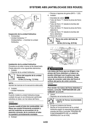 SYSTEME ABS (ANTIBLOCAGE DES ROUES)

                                                         • Pernos o tapones de goma (M10 × 1,25)
                                                       4. Instalar:
                                                         • Arandela de cobre New
                                                         • Tubo de freno “1” (hacia la pinza de freno
                                                           trasero)
                                                         • Tubo de freno “2” (desde la bomba del
                                                           freno trasero)
                                                         • Tubo de freno “3” (hacia la pinza de freno
                                                           delantero)
                                                         • Tubo de freno “4” (desde la bomba del
Inspección de la unidad hidráulica                         freno delantero)
1. Comprobar:                                            • Perno de unión
  • Unidad hidráulica “1”
                                                                  Perno de unión del tubo de
    Grietas/daños → Cambiar la unidad
                                                                  freno
    hidráulica.
                                                                    30 Nm (3,0 m·kg, 22 ft·lb)




Instalación de la unidad hidráulica
Proceda en el orden inverso al de desarmado.           SWA13940
Preste atención a los siguientes elementos.
1. Instalar:
                                                       Los tubos del freno que se dirigen a las
  • Soporte de la unidad hidráulica
                                                       pinzas del freno delantero y trasero se
           Perno del soporte de la unidad              pueden distinguir por la goma que cada
           hidráulica                                  uno de ellos tiene en el extremo. Aseg-
             10 Nm (1,0 m·kg, 7,2 ft·lb)               úrese de conectar cada tubo del freno al
                                                       orificio del perno de unión correcto.
NOTA:                                                  SCA14760
Apriete las tuercas en la secuencia adecuada.
2. Instalar:                                           Para tender los tubos del freno delantero y
  • Unidad hidráulica                                  trasero, consulte "DISPOSICIÓN DE LOS
                                                       CABLES" en el 2-41.
NOTA:
Cuando instale la unidad hidráulica tenga              5. Llenar:
cuidado de que no se introduzcan partículas              • Depósito de la bomba de freno
extrañas en ésta o en los tubos del freno.
                                                                  Líquido de frenos recomendado
SCA14740                                                            DOT 4

                                                       6. Purgue el sistema de frenos.
Cuando instale el tubo de combustible, ver-
                                                       7. Revise el funcionamiento de la unidad
ifique que quede firmemente acoplado y
                                                          hidráulica según la respuesta del pedal y la
que los soportes se encuentren en la
                                                          maneta del freno (consulte "PRUEBA DE
posición correcta; de lo contrario el tubo
                                                          FUNCIONAMIENTO DE LA UNIDAD
no quedará correctamente montado.
                                                          HIDRÁULICA" en el 4-54).
3. Extraer:


                                                4-53
 