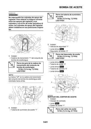 BOMBA DE ACEITE

SCA5D01016
                                                                   Perno de tubería de suministro
No intercambie los cojinetes de apoyo del                          de aceite
cigüeñal. Para obtener la hólgura correcta                          10 Nm (1,0 m·kg, 7,2 ft·lb)
entre los apoyos del cigüeñal y sus                                LOCTITE®
cojinetes y con él fin de evitar perjudicar él
motor, los cojinetes de apoyo del cigüeñal
deben instalarse en sus posiciones origina-
les.




                                                        5. Instalar:
                                                          • Válvula de seguridad “1”
                                                          • Junta tórica New
                                                          • Depurador de aceite “2”
                                                                   Perno del depurador de aceite
3. Instalar:                                                        10 Nm (1,0 m·kg, 7,2 ft·lb)
  • Cadena de transmisión “1” del conjunto de                      LOCTITE®
    bomba de aceite/agua
                                                          • Junta tórica New
             Perno de guía de la cadena de
                                                          • Tubería de aceite “3”
             transmisión del conjunto de
             bomba de aceite/agua                         • Junta tórica New
               10 Nm (1,0 m·kg, 7,2 ft·lb)                • Tubería de vaciado “4”
             LOCTITE®                                     • Junta tórica New

NOTA:
La marca “UP” en la cadena de transmisión
del conjunto de bomba de aceite/agua está
orientada hacia arriba.




                                                        SAS25050
                                                        MONTAJE DEL CÁRTER DE ACEITE
                                                        1. Instalar:
                                                          • Clavijas de centrado
                                                          • Junta New
                                                          • Cárter de aceite “1”
4. Instalar:
  • Tubería de suministro de aceite “1”                            Perno del cárter de aceite
                                                                    12 Nm (1,2 m·kg, 8,7 ft·lb)




                                                 5-61
 