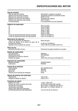ESPECIFICACIONES DEL MOTOR

Caja de cambios
 Tipo de caja de cambios                             Velocidad 6, engrane constante
 Sistema de reducción primaria                       Engranaje cilíndrico de dientes rectos
 Relación de reducción primaria                      65/43 (1,512)
 Sistema de reducción secundaria                     Impulsión por cadena
 Relación de reducción secundaria                    45/17 (2,647)
 Funcionamiento                                      Funcionamiento con pie izquierdo
Relación de engranajes
 1a                                                  38/15 (2,533)
 2a                                                  33/16 (2,063)
 3a                                                  37/21 (1,762)
 4a                                                  35/23 (1,522)
 5a                                                  27/20 (1,350)
 6a                                                  29/24 (1,208)
 Límite de descentramiento del eje principal         0,08 mm (0,0032 in)
 Límite de descentramiento del eje posterior         0,08 mm (0,0032 in)
Mecanismo de selección
 Tipo de mecanismo de selección                      Barra de guía
 Límite de flexión de la barra de guía de la
 horquilla de cambio                                 0,100 mm (0,0039 in)
 Espesor de la horquilla de cambio                   5,80–5,88 mm (0,2283–0,2315 in)
Filtro de aire
  Elemento del filtro de aire                        Elemento de papel revestido con aceite
Bomba de combustible
 Tipo de bomba                                       Eléctrica
 Modelo/fabricante                                   2D1/DENSO
 Amperaje de consumo máximo                          4,3 A
 Presión de salida                                   324,0 kPa (47,0 psi) (3,24 kgf/cm2)
Inyección de combustible
  Modelo/cantidad                                    297500-0300/4
  Fabricante                                         DENSO
Cuerpo de la mariposa
 Tipo/cantidad                                       SE 45EIDW-B10/1
 Fabricante                                          MIKUNI
 Marca ID                                            2D11 00
 Tamaño de la válvula de mariposa                    #100
Sensor de posición del acelerador
 Resistencia                                         4,9–5,1kΩ
 Voltaje de salida (al ralentí)                      0,63–0,73 V
Condición de ralentí
 Ralentí del motor                                   1.100–1.300 r/min
 Presión de vacío al ralentí del motor               30 kPa (8,9 inHg) (225 mmHg)
 Temperatura del agua                                95,0–105,0 °C (203,00–221,00 °F)
 Temperatura del aceite                              80,0–90,0 °C (176,00–194,00 °F)
 Holgura del cable del acelerador
 (en la brida del puño del acelerador)               3,0–5,0 mm (0,12–0,20 in)




                                               2-7
 