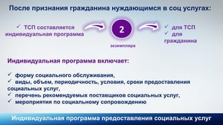 После признания гражданина нуждающимся в соц услугах:
Индивидуальная программа включает:
 форму социального обслуживания,
 виды, объем, периодичность, условия, сроки предоставления
социальных услуг,
 перечень рекомендуемых поставщиков социальных услуг,
 мероприятия по социальному сопровождению
Индивидуальная программа предоставления социальных услуг
2 ТСП составляется
индивидуальная программа
экземпляра
 для ТСП
 для
гражданина
 