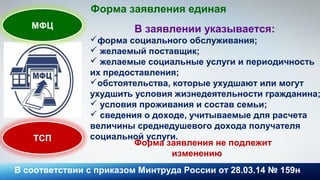 Форма заявления единая
В соответствии с приказом Минтруда России от 28.03.14 № 159н
В заявлении указывается:
форма социального обслуживания;
 желаемый поставщик;
 желаемые социальные услуги и периодичность
их предоставления;
обстоятельства, которые ухудшают или могут
ухудшить условия жизнедеятельности гражданина;
 условия проживания и состав семьи;
 сведения о доходе, учитываемые для расчета
величины среднедушевого дохода получателя
социальной услуги.
Форма заявления не подлежит
изменению
МФЦ
ТСП
 