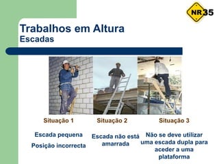 Trabalhos em Altura
Escadas
Situação 1 Situação 2 Situação 3
Escada pequena
Posição incorrecta
Escada não está
amarrada
Não se deve utilizar
uma escada dupla para
aceder a uma
plataforma
35
 