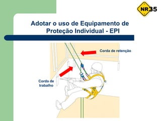 Adotar o uso de Equipamento de
Proteção Individual - EPI
35
Corda de
trabalho
Corda de retenção
 