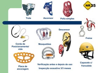 Capacete c/
francelete
Freios
Mosquetões
Corda de
Posicionamento/
vida
Descensor
Ascensor
Placa de
ancoragem
Verificação antes e depois de uso
Inspecção exaustiva 3/3 meses
35
Polia simples
Trole
 