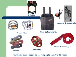 Cordas
Mosquetões
Roldanas
Saco de Ferramentas
Cintas de ancoragem
Verificação antes e depois de uso / Inspecção exaustiva 3/3 meses
Assento de suspensão
Esporas
 