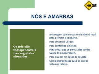 NÓS E AMARRAS
- Ancoragem com cordas onde não há local
para prender o talabarte.
- Para União de Cordas.
- Para confecção de alças.
- Para evitar que as pontas das cordas
saiam do equipamento.
- Para auxiliar em casos de resgate.
- Como improvisação caso os outros
sistemas falhem.
35
 