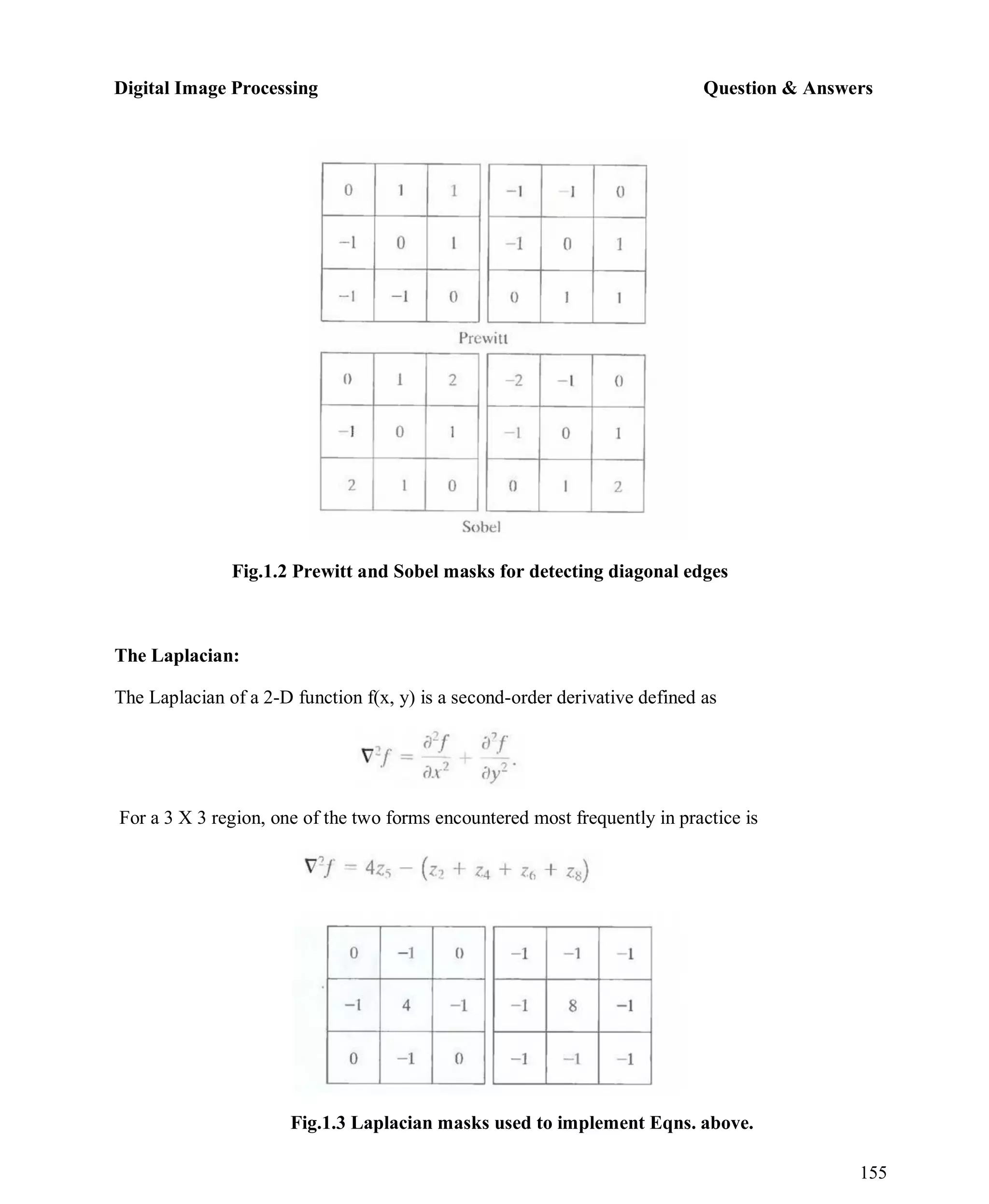Digital Image Processing Question & Answers
155
Fig.1.2 Prewitt and Sobel masks for detecting diagonal edges
The Laplacian:
The Laplacian of a 2-D function f(x, y) is a second-order derivative defined as
For a 3 X 3 region, one of the two forms encountered most frequently in practice is
Fig.1.3 Laplacian masks used to implement Eqns. above.
 
