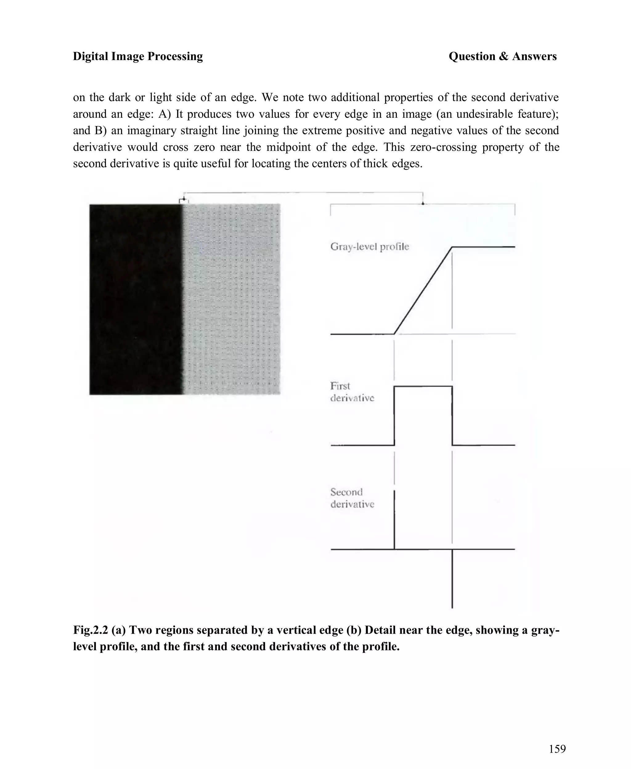 Digital Image Processing Question & Answers
159
on the dark or light side of an edge. We note two additional properties of the second derivative
around an edge: A) It produces two values for every edge in an image (an undesirable feature);
and B) an imaginary straight line joining the extreme positive and negative values of the second
derivative would cross zero near the midpoint of the edge. This zero-crossing property of the
second derivative is quite useful for locating the centers of thick edges.
Fig.2.2 (a) Two regions separated by a vertical edge (b) Detail near the edge, showing a gray-
level profile, and the first and second derivatives of the profile.
 