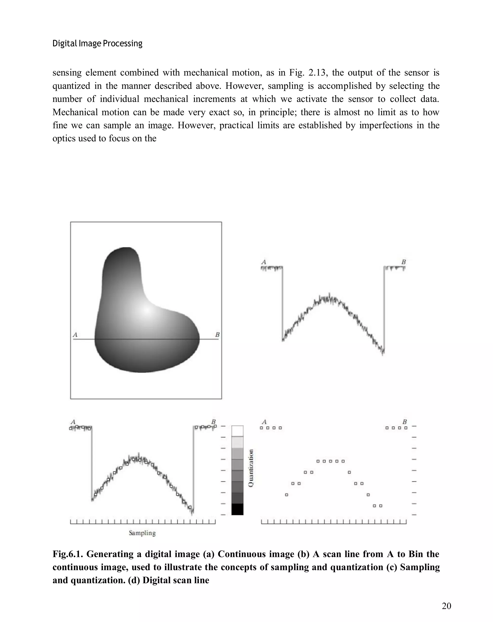 Digital Image Processing
20
sensing element combined with mechanical motion, as in Fig. 2.13, the output of the sensor is
quantized in the manner described above. However, sampling is accomplished by selecting the
number of individual mechanical increments at which we activate the sensor to collect data.
Mechanical motion can be made very exact so, in principle; there is almost no limit as to how
fine we can sample an image. However, practical limits are established by imperfections in the
optics used to focus on the
Fig.6.1. Generating a digital image (a) Continuous image (b) A scan line from A to Bin the
continuous image, used to illustrate the concepts of sampling and quantization (c) Sampling
and quantization. (d) Digital scan line
 