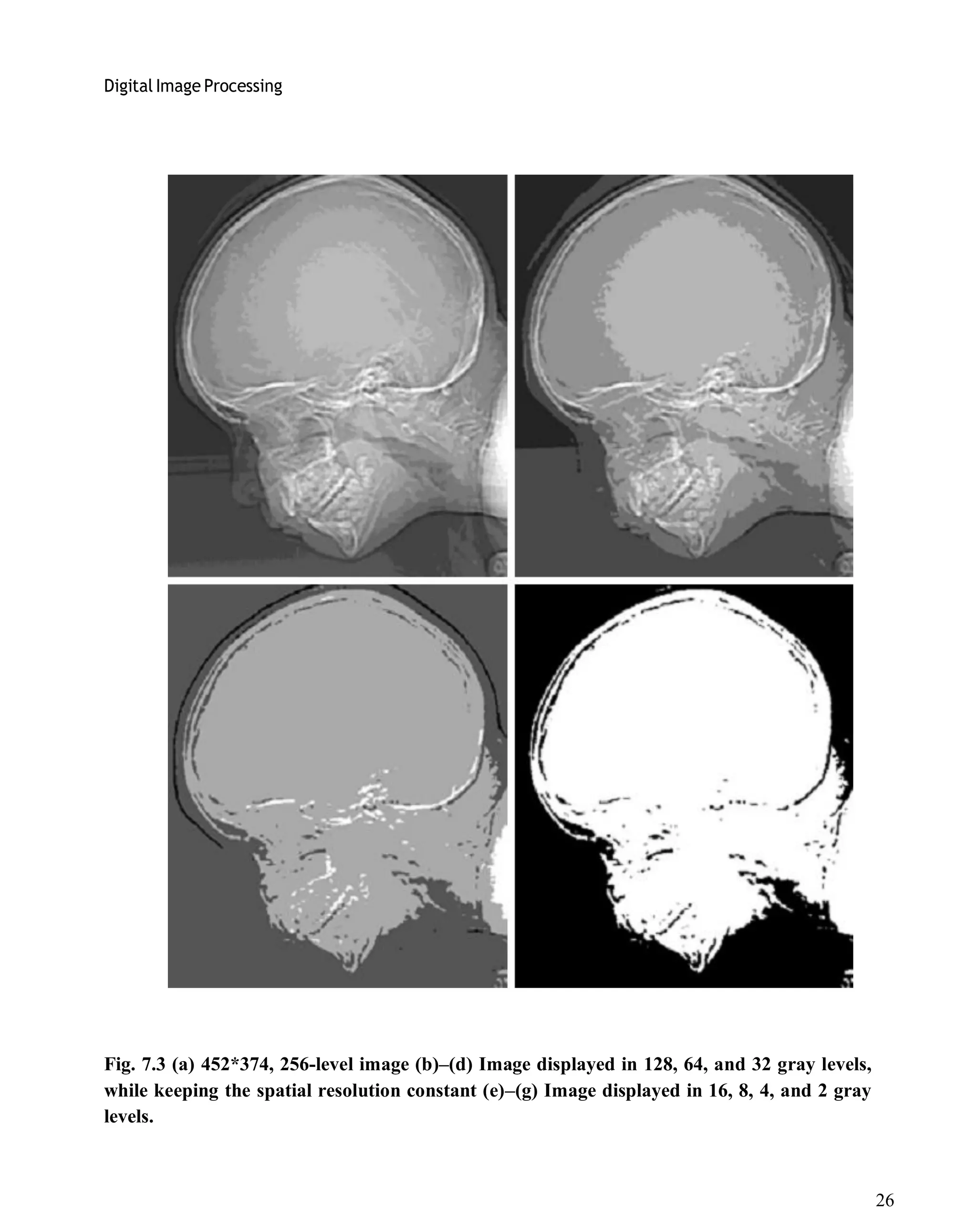 Digital Image Processing
26
Fig. 7.3 (a) 452*374, 256-level image (b)–(d) Image displayed in 128, 64, and 32 gray levels,
while keeping the spatial resolution constant (e)–(g) Image displayed in 16, 8, 4, and 2 gray
levels.
 