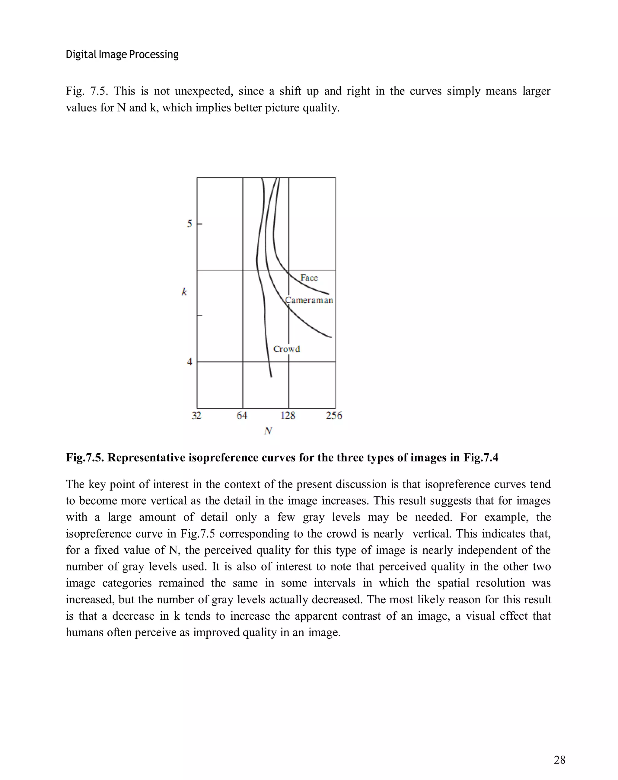Digital Image Processing
28
Fig. 7.5. This is not unexpected, since a shift up and right in the curves simply means larger
values for N and k, which implies better picture quality.
Fig.7.5. Representative isopreference curves for the three types of images in Fig.7.4
The key point of interest in the context of the present discussion is that isopreference curves tend
to become more vertical as the detail in the image increases. This result suggests that for images
with a large amount of detail only a few gray levels may be needed. For example, the
isopreference curve in Fig.7.5 corresponding to the crowd is nearly vertical. This indicates that,
for a fixed value of N, the perceived quality for this type of image is nearly independent of the
number of gray levels used. It is also of interest to note that perceived quality in the other two
image categories remained the same in some intervals in which the spatial resolution was
increased, but the number of gray levels actually decreased. The most likely reason for this result
is that a decrease in k tends to increase the apparent contrast of an image, a visual effect that
humans often perceive as improved quality in an image.
 