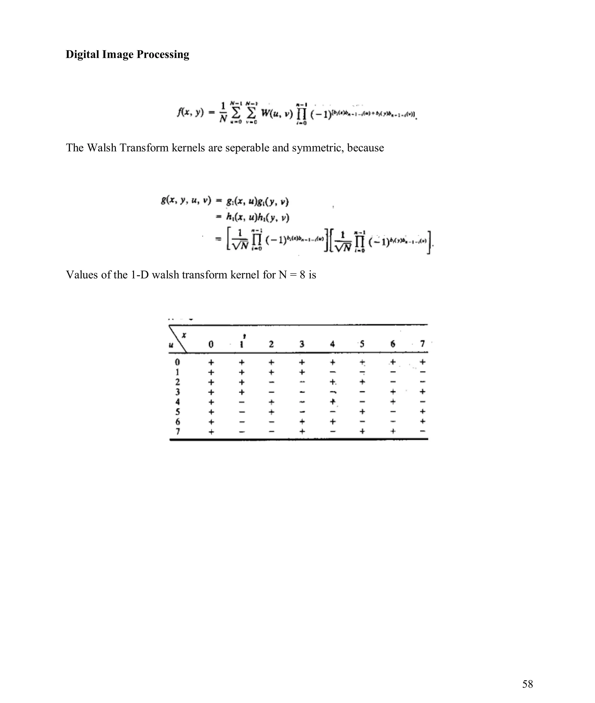 Digital Image Processing
58
The Walsh Transform kernels are seperable and symmetric, because
Values of the 1-D walsh transform kernel for N = 8 is
 