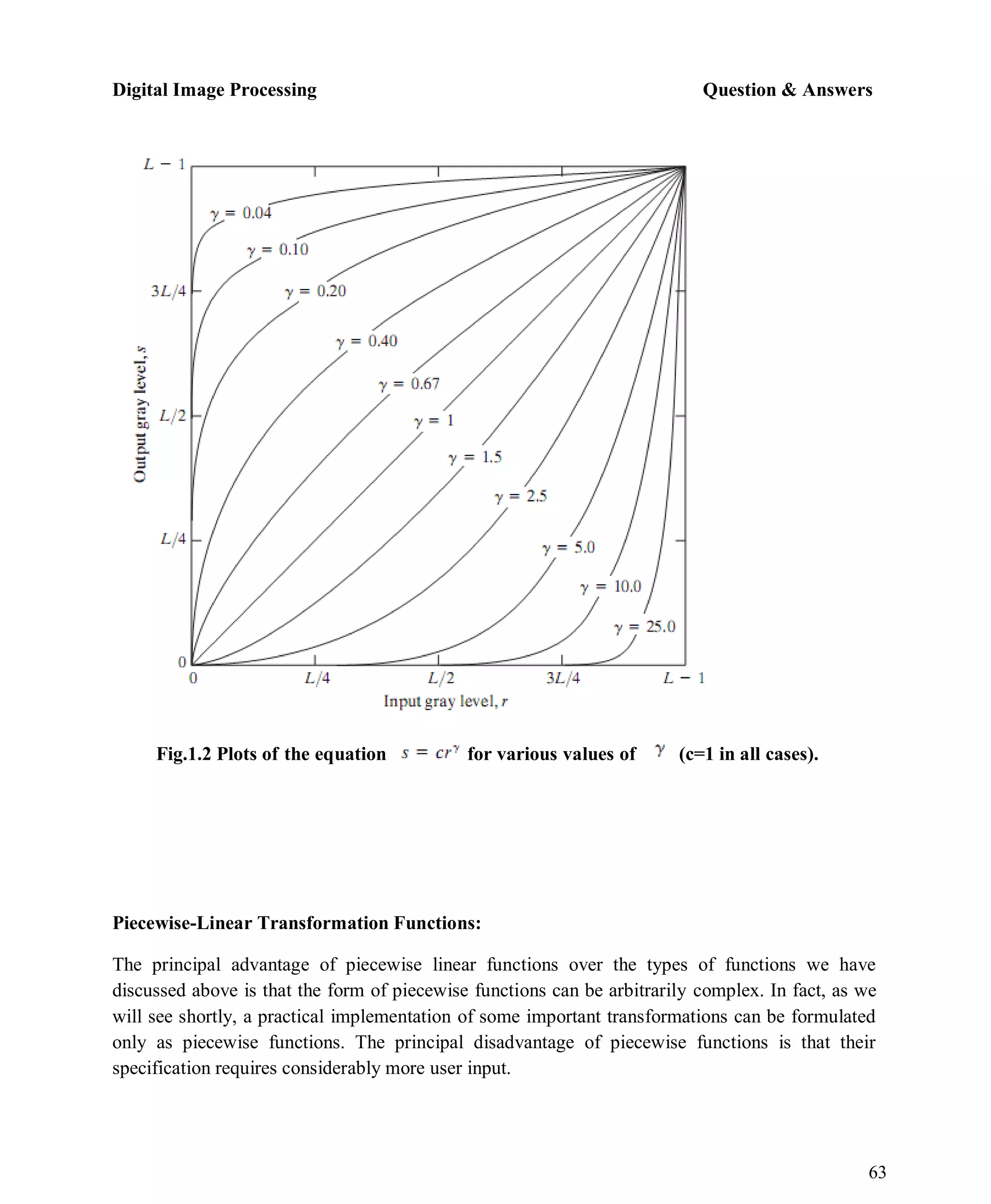 Digital Image Processing Question & Answers
63
Fig.1.2 Plots of the equation for various values of (c=1 in all cases).
Piecewise-Linear Transformation Functions:
The principal advantage of piecewise linear functions over the types of functions we have
discussed above is that the form of piecewise functions can be arbitrarily complex. In fact, as we
will see shortly, a practical implementation of some important transformations can be formulated
only as piecewise functions. The principal disadvantage of piecewise functions is that their
specification requires considerably more user input.
 