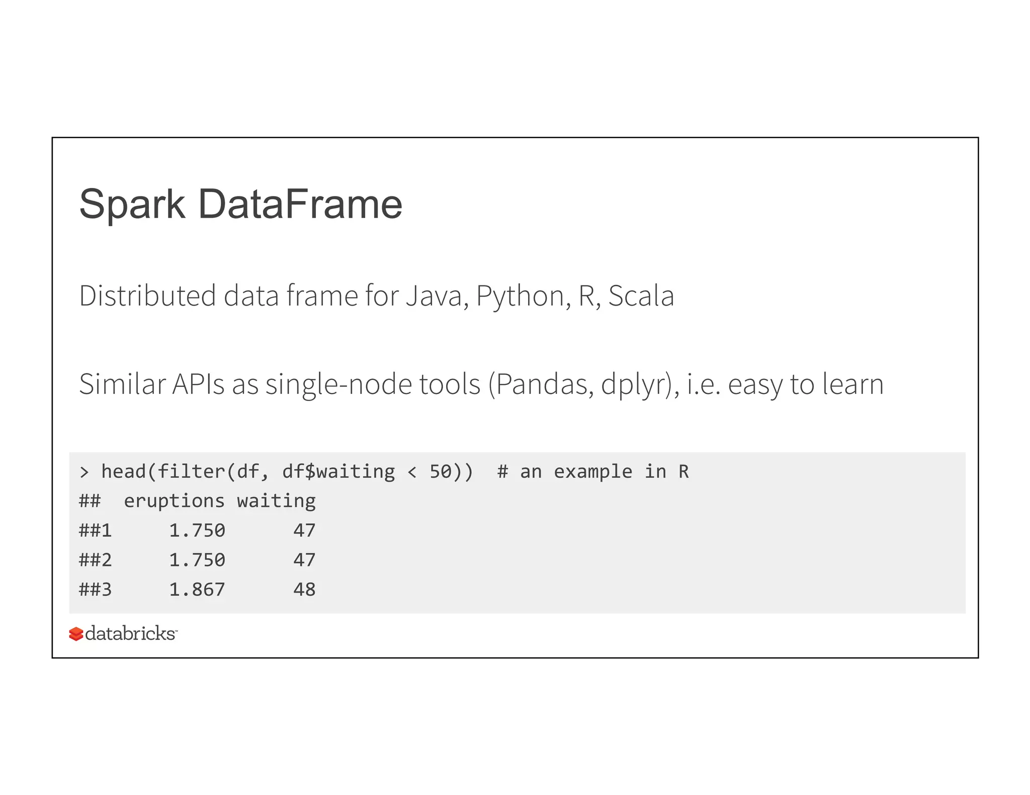 Spark DataFrame
>	
  head(filter(df,	
  df$waiting	
  <	
  50))	
  	
  #	
  an	
  example	
  in	
  R	
  
##	
  	
  eruptions	
  waiting	
  
##1	
  	
  	
  	
  	
  1.750	
  	
  	
  	
  	
  	
  47	
  
##2	
  	
  	
  	
  	
  1.750	
  	
  	
  	
  	
  	
  47	
  
##3	
  	
  	
  	
  	
  1.867	
  	
  	
  	
  	
  	
  48	
  
	
  
Distributed data frame for Java, Python, R, Scala
Similar APIs as single-node tools (Pandas, dplyr), i.e. easy to learn
 