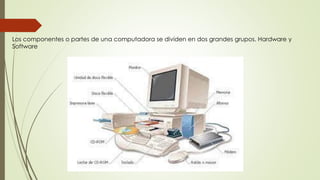 Los componentes o partes de una computadora se dividen en dos grandes grupos. Hardware y
Software
 