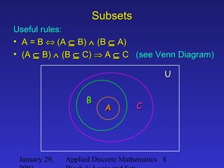 January 29, Applied Discrete Mathematics 8
SubsetsSubsets
Useful rules:Useful rules:
• A = BA = B ⇔⇔ (A(A ⊆⊆ B)B) ∧∧ (B(B ⊆⊆ A)A)
• (A(A ⊆⊆ B)B) ∧∧ (B(B ⊆⊆ C)C) ⇒⇒ AA ⊆⊆ CC (see Venn Diagram)(see Venn Diagram)
UU
AA
BB
CC
 