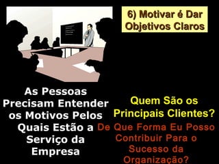 6) Motivar é Dar6) Motivar é Dar
Objetivos ClarosObjetivos Claros
Os Funcionários
Precisam Saber Para
Onde a Empresa Vai
e Qual é o Seu
Papel Nesse
Contexto
As PessoasAs Pessoas
Precisam EntenderPrecisam Entender
os Motivos Pelosos Motivos Pelos
Quais Estão aQuais Estão a
Serviço daServiço da
EmpresaEmpresa
Quem São osQuem São os
Principais Clientes?Principais Clientes?
De Que Forma Eu PossoDe Que Forma Eu Posso
Contribuir Para oContribuir Para o
Sucesso daSucesso da
Organização?Organização?
 