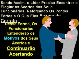 Dessa Forma, OsDessa Forma, Os
FuncionáriosFuncionários
Entenderão osEntenderão os
MotivosMotivos dos Seusdos Seus
Acertos eAcertos e
ContinuarãoContinuarão
AcertandoAcertando
Sendo Assim, o Líder Precisa Encontrar eSendo Assim, o Líder Precisa Encontrar e
Elogiar os Acertos dos SeusElogiar os Acertos dos Seus
Funcionários, Reforçando Os PontosFuncionários, Reforçando Os Pontos
Fortes e O Que ElesFortes e O Que Eles Fazem deFazem de
CorretoCorreto
 