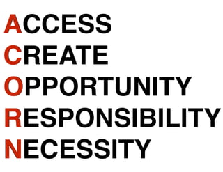 ACCESS
CREATE
OPPORTUNITY
RESPONSIBILITY
NECESSITY
A
C
O
R
N
 
