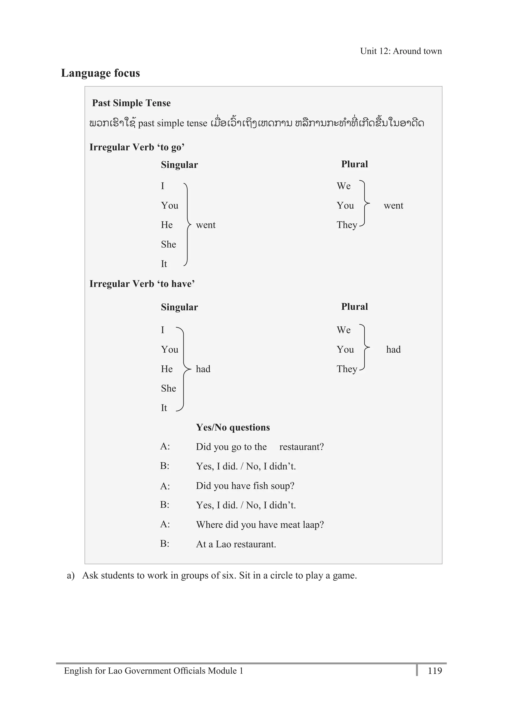 English for Lao Government Ofﬁcials Module 1 119
Unit 12 Around town
119 English for Lao Government Officials Module 1
Language focus
Past Simple Tense
ພວກເຮາໃຊ້ past simple tense ເມໍ່ອເວ້າເຖິງເຫດການ ຫລການກະທາທີໍ່ ເກີດຂ້ນໃນອາດີດ
Irregular Verb ‘to go’
Singular Plural
I
You
He
She
It
went
We
You
They
went
Irregular Verb ‘to have’
Singular Plural
I
You
He
She
It
had
Yes/No questions
Did you go to the restaurant?
Yes, I did. / No, I didn’t.
Did you have fish soup?
Yes, I did. / No, I didn’t.
Where did you have meat laap?
At a Lao restaurant.
We
You
They
had
a) Ask students to work in groups of six. Sit in a circle to play a game.
A:
B:
A:
B:
A:
B:
Unit 12: Around town
 