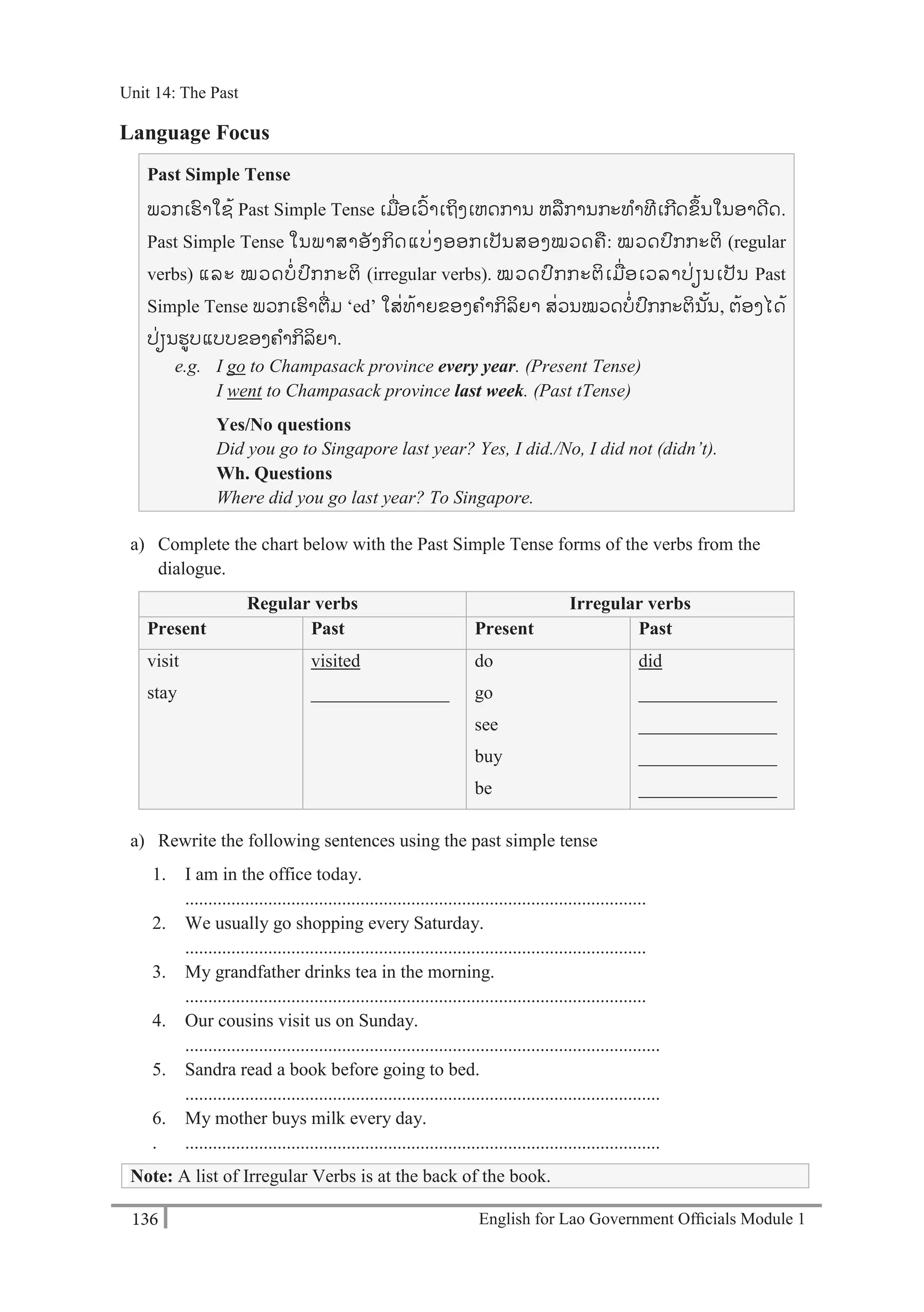 English for Lao Government Ofﬁcials Module 1136
Unit 14: The Past
136 English for Lao Government Officials Module 1
Language Focus
Past Simple Tense
ພວກເຮາໃຊ້ Past Simple Tense ເມໍ່ອເວ້າເຖິງເຫດການ ຫລການກະທາທີເກີດຂຼິ້ນໃນອາດີດ.
Past Simple Tense ໃນພາສາອັງກິດແບໍ່ງອອກເປັນສອງໝວດຄ: ໝວດປກກະຕິ (regular
verbs) ແລະ ໝວດບໍ່ ປກກະຕິ (irregular verbs). ໝວດປກກະຕິເມໍ່ອເວລາປໍ່ຽນເປັນ Past
Simple Tense ພວກເຮາຕໍ່ ມ ‘ed’ ໃສໍ່ທ້າຍຂອງຄາກິລິຍາ ສໍ່ວນໝວດບໍ່ ປກກະຕິນັ້ນ, ຕ້ອງໄດ້
ປໍ່ຽນຮບແບບຂອງຄາກິລິຍາ.
e.g. I go to Champasack province every year. (Present Tense)
I went to Champasack province last week. (Past tTense)
Yes/No questions
Did you go to Singapore last year? Yes, I did./No, I did not (didn’t).
Wh. Questions
Where did you go last year? To Singapore.
a) Complete the chart below with the Past Simple Tense forms of the verbs from the
dialogue.
Regular verbs Irregular verbs
Present Past Present Past
visit
stay
visited
_______________
do
go
see
buy
be
did
_______________
_______________
_______________
_______________
a) Rewrite the following sentences using the past simple tense
1. I am in the office today.
....................................................................................................
2. We usually go shopping every Saturday.
....................................................................................................
3. My grandfather drinks tea in the morning.
....................................................................................................
4. Our cousins visit us on Sunday.
.......................................................................................................
5. Sandra read a book before going to bed.
.......................................................................................................
6. My mother buys milk every day.
. .......................................................................................................
Note: A list of Irregular Verbs is at the back of the book.
Unit 14: The Past
 
