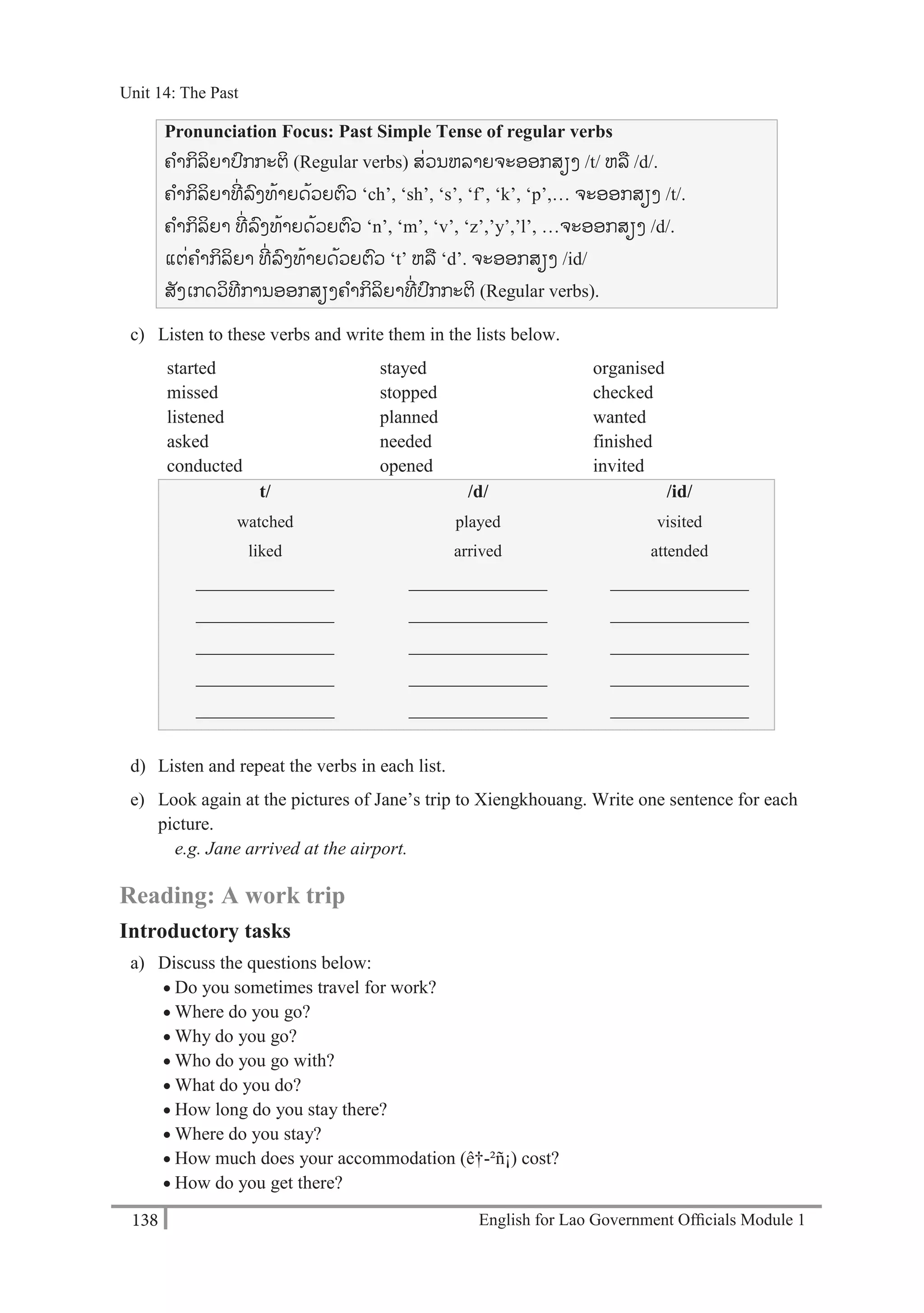 English for Lao Government Ofﬁcials Module 1138
Unit 14: The Past
138 English for Lao Government Officials Module 1
Pronunciation Focus: Past Simple Tense of regular verbs
ຄາກິລິຍາປກກະຕິ (Regular verbs) ສໍ່ວນຫລາຍຈະອອກສຽງ /t/ ຫລ /d/.
ຄາກິລິຍາທີໍ່ ລງທ້າຍດ້ວຍຕວ ‘ch’, ‘sh’, ‘s’, ‘f’, ‘k’, ‘p’,… ຈະອອກສຽງ /t/.
ຄາກິລິຍາ ທີໍ່ ລງທ້າຍດ້ວຍຕວ ‘n’, ‘m’, ‘v’, ‘z’,’y’,’l’, …ຈະອອກສຽງ /d/.
ແຕໍ່ຄາກິລິຍາ ທີໍ່ ລງທ້າຍດ້ວຍຕວ ‘t’ ຫລ ‘d’. ຈະອອກສຽງ /id/
ສັງເກດວິທີການອອກສຽງຄາກິລິຍາທີໍ່ ປກກະຕິ (Regular verbs).
c) Listen to these verbs and write them in the lists below.
started stayed organised
missed stopped checked
listened planned wanted
asked needed finished
conducted opened invited
t/ /d/ /id/
watched played visited
liked arrived attended
_______________ _______________ _______________
_______________ _______________ _______________
_______________ _______________ _______________
_______________ _______________ _______________
_______________ _______________ _______________
d) Listen and repeat the verbs in each list.
e) Look again at the pictures of Jane’s trip to Xiengkhouang. Write one sentence for each
picture.
e.g. Jane arrived at the airport.
Reading: A work trip
Introductory tasks
a) Discuss the questions below:
 Do you sometimes travel for work?
 Where do you go?
 Why do you go?
 Who do you go with?
 What do you do?
 How long do you stay there?
 Where do you stay?
 How much does your accommodation (ê†-²ñ¡) cost?
 How do you get there?
Unit 14: The Past
 