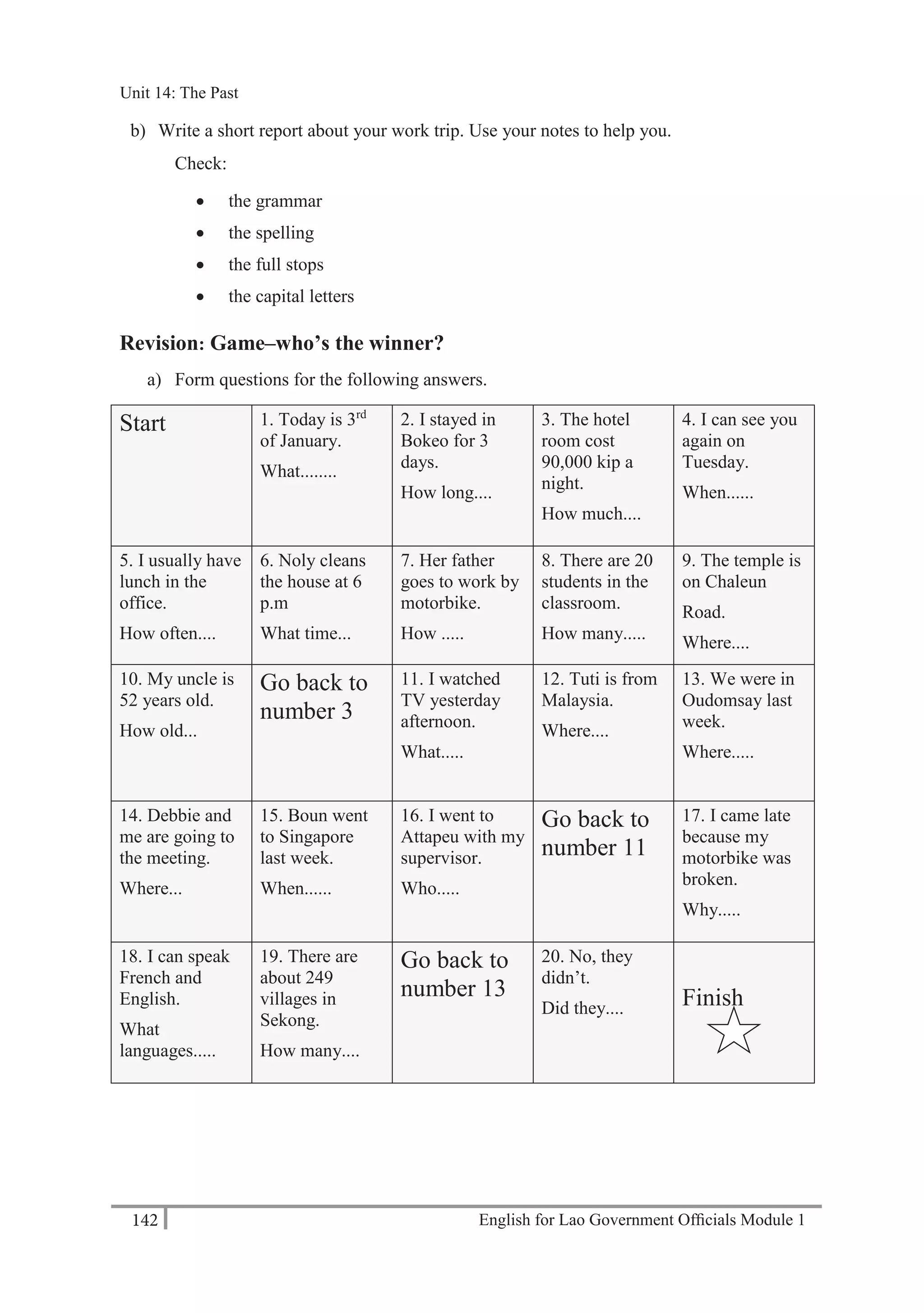 English for Lao Government Ofﬁcials Module 1142
Unit 14: The Past
142 English for Lao Government Officials Module 1
b) Write a short report about your work trip. Use your notes to help you.
Check:
 the grammar
 the spelling
 the full stops
 the capital letters
Revision: Game–who’s the winner?
a) Form questions for the following answers.
Start 1. Today is 3rd
of January.
What........
2. I stayed in
Bokeo for 3
days.
How long....
3. The hotel
room cost
90,000 kip a
night.
How much....
4. I can see you
again on
Tuesday.
When......
5. I usually have
lunch in the
office.
How often....
6. Noly cleans
the house at 6
p.m
What time...
7. Her father
goes to work by
motorbike.
How .....
8. There are 20
students in the
classroom.
How many.....
9. The temple is
on Chaleun
Road.
Where....
10. My uncle is
52 years old.
How old...
Go back to
number 3
11. I watched
TV yesterday
afternoon.
What.....
12. Tuti is from
Malaysia.
Where....
13. We were in
Oudomsay last
week.
Where.....
14. Debbie and
me are going to
the meeting.
Where...
15. Boun went
to Singapore
last week.
When......
16. I went to
Attapeu with my
supervisor.
Who.....
Go back to
number 11
17. I came late
because my
motorbike was
broken.
Why.....
18. I can speak
French and
English.
What
languages.....
19. There are
about 249
villages in
Sekong.
How many....
Go back to
number 13
20. No, they
didn’t.
Did they.... Finish
Unit 14: The Past
 
